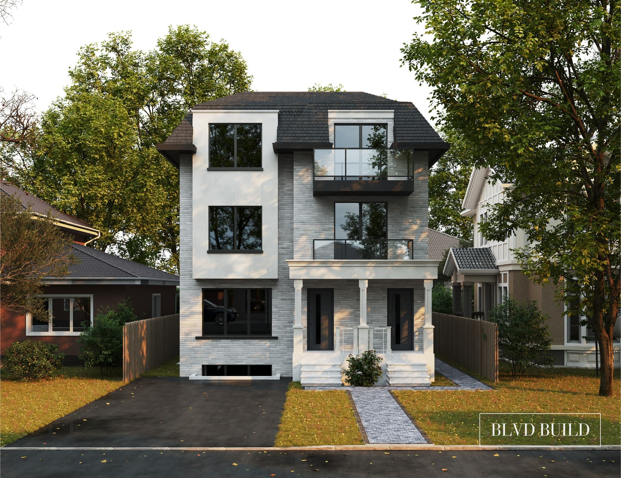 SHP-01 residential exterior with landscaped yard