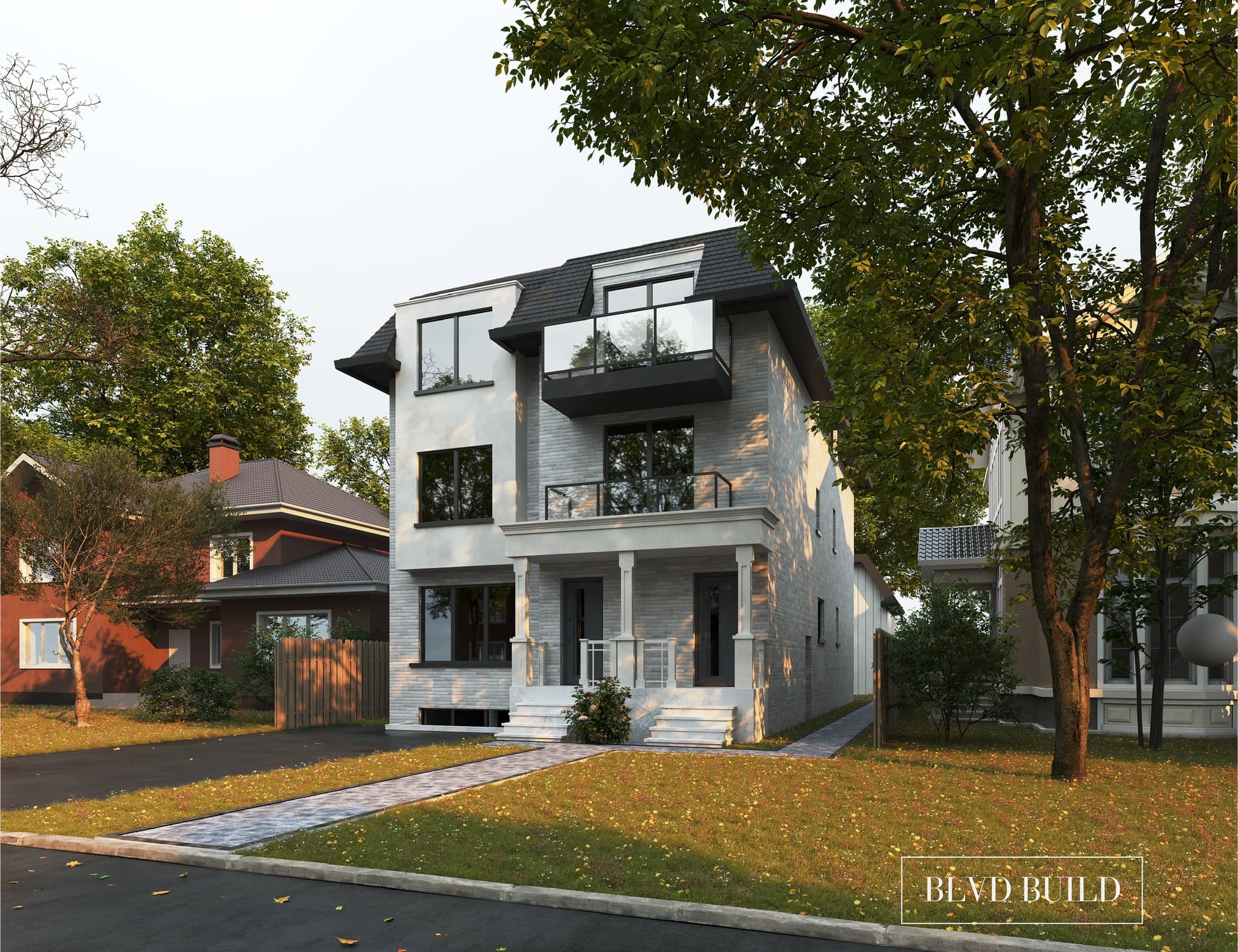 Custom home exterior with landscaped yard